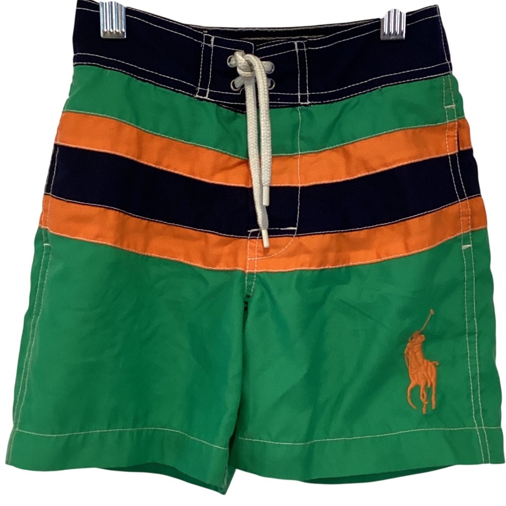 Polo Ralph Lauren Boys Swim Trunks Green Orange Navy Blue Striped Shorts 4/4T